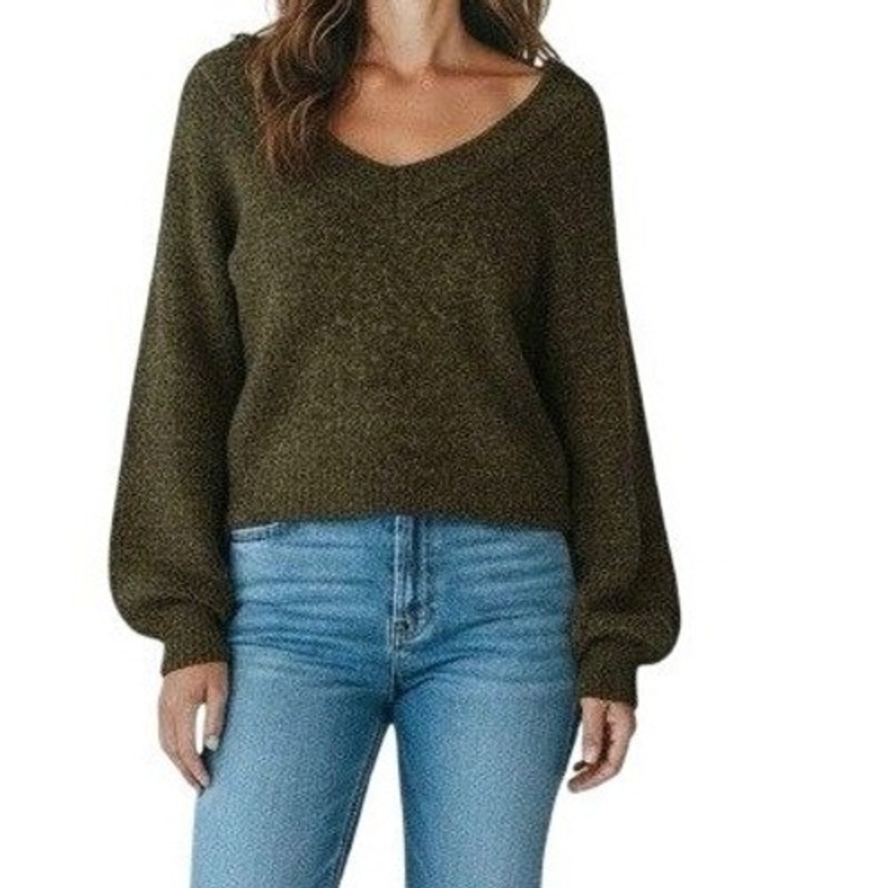 NWT JASON WU Cozy Chic Wool Blend Green V Neck Balloon Sleeve Sweater Large
